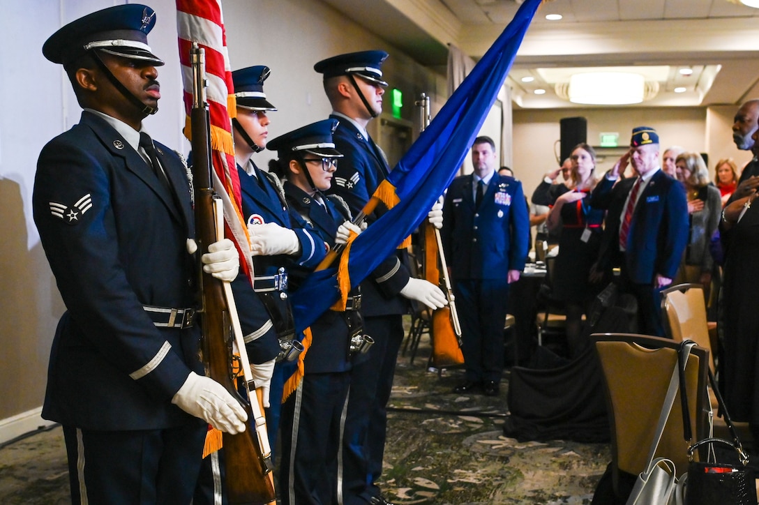 U.S. Airmen from 628th Air Base Wing Joint Base Charleston, South Carolina, render honors during DPAA’s Charleston Family Member Update on Feb. 21, 2026.
