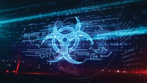 Glowing blue biohazard symbol over a dark digital background with binary code and circuit patterns, representing cyber-biological threats.