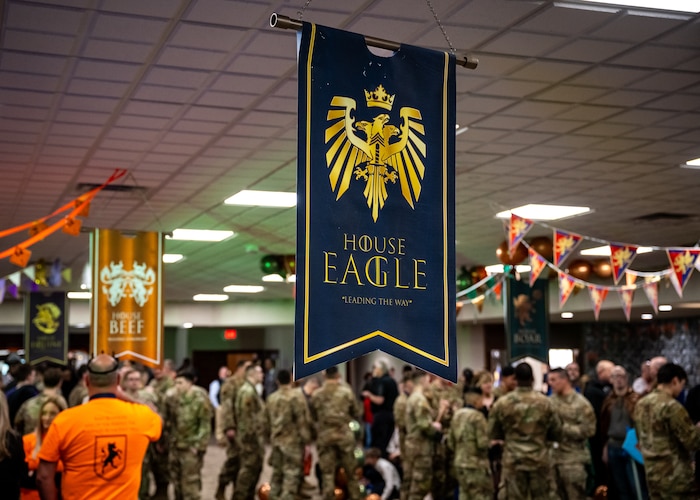 A dark blue banner hangs from a tiled ceiling. The banner has a gold eagle and crown and reads House Eagle, Leading the Way, in gold lettering. Other colored banners can be seen out-of-focus in the background, crowds of military members can also be seen under the banners