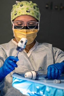 Hospital Corpsman 2nd Class Katherine Cordonrosario, from Kissimmee, Florida, temporarily assigned to Pre-Commissioning Unit John F. Kennedy (CVN 79) from USS Harry S. Truman (CVN 75), prepares medical equipment for the ship’s first at-sea surgery which occurred during Builder’s Trials, Feb. 1, 2026. Builder’s Trials provide an opportunity to test ship systems and components at sea for the first time, and make required adjustments prior to additional underway testing. (U.S. Navy photo by Mass Communication Specialist 1st Class Tyrell K. Morris)