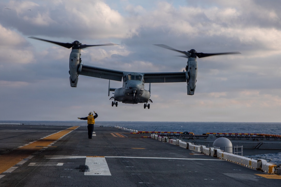 An MV-22B Osprey with Marine Medium Tiltrotor Squadron (VMM) 365 (Reinforced), 24th Marine Expeditionary Unit, prepares to land aboard amphibious assault ship USS Kearsarge (LHD 3) during the MEU’s certification exercise in the Atlantic Ocean, Feb. 12, 2026. CERTEX is a land-based pre-deployment exercise that enhances the integration and collective capability of the Marine Air-Ground Task Force while providing the 24th MEU with an opportunity to train and execute operations in any clime or place. (U.S. Marine Corps photo by Lance Cpl. Allison White)