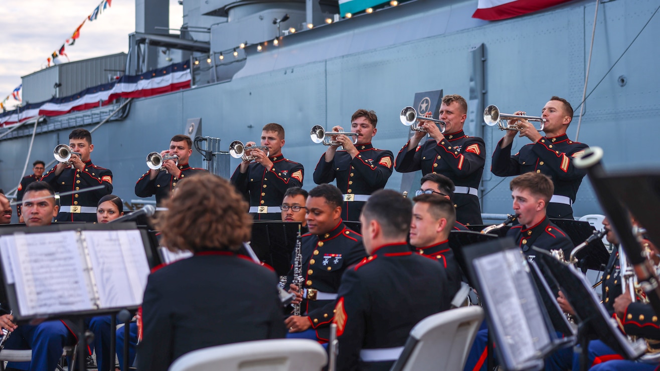 U.S. Marines with the 2nd Marine Division Band rehearse during the USS New Jersey (BB-62) Museum and Memorial concert as part of Navy Marine Corps 250 in Camden, New Jersey, Oct. 15, 2025
