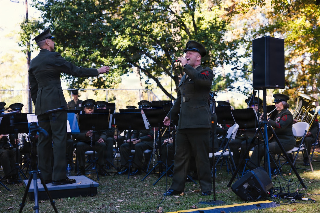 The U.S. Marine Corps 2nd Marine Division Band plays a musical prelude during the 42nd anniversary Beirut Memorial Observance Ceremony at the Lejeune Memorial Gardens in Jacksonville, North Carolina, Oct. 23, 2025