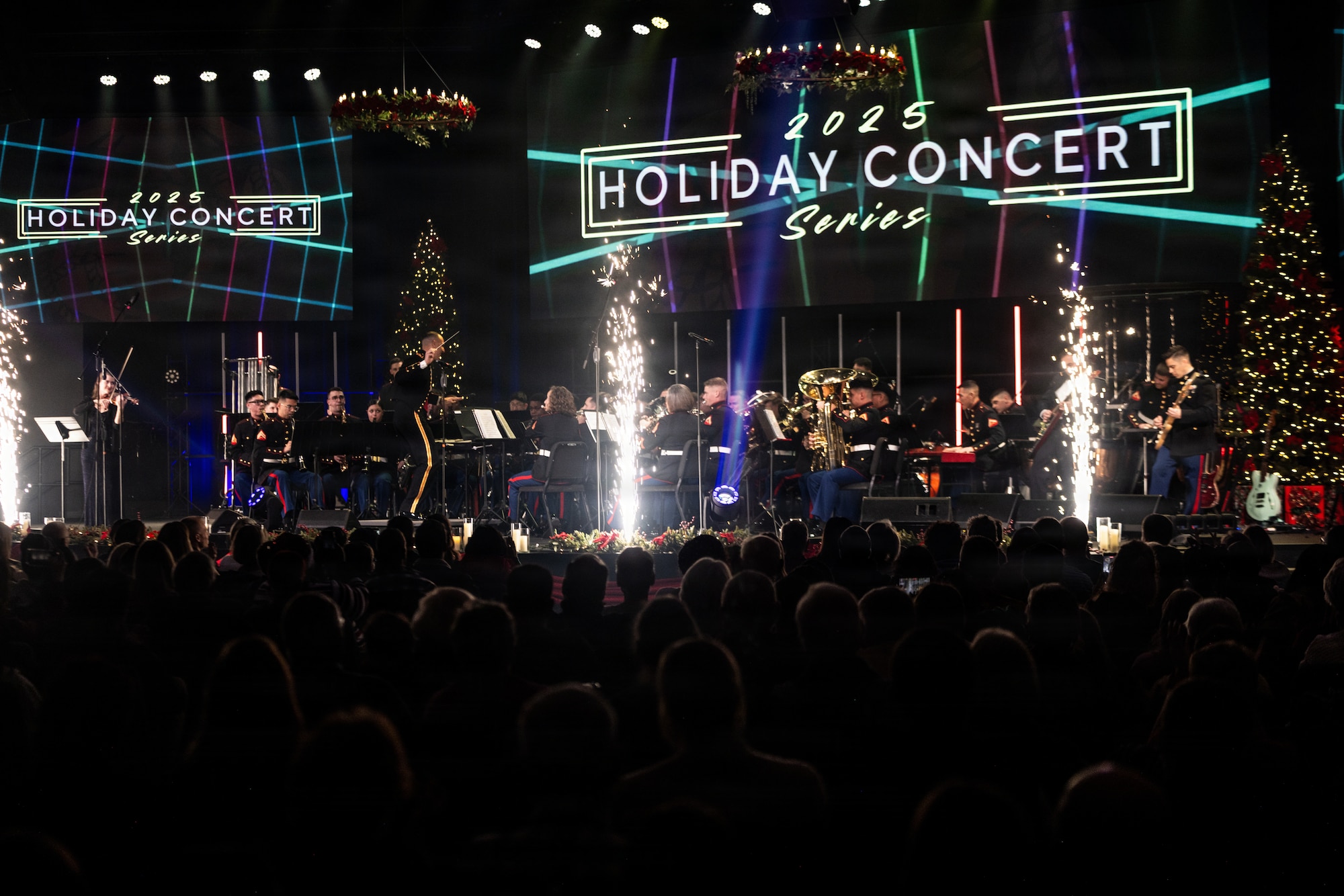 U.S. Marines with the 2nd Marine Division Band perform during a holiday concert in Jacksonville, North Carolina, Dec. 12, 2025. The band played selections of popular holiday songs as part of their annual winter concert series. 