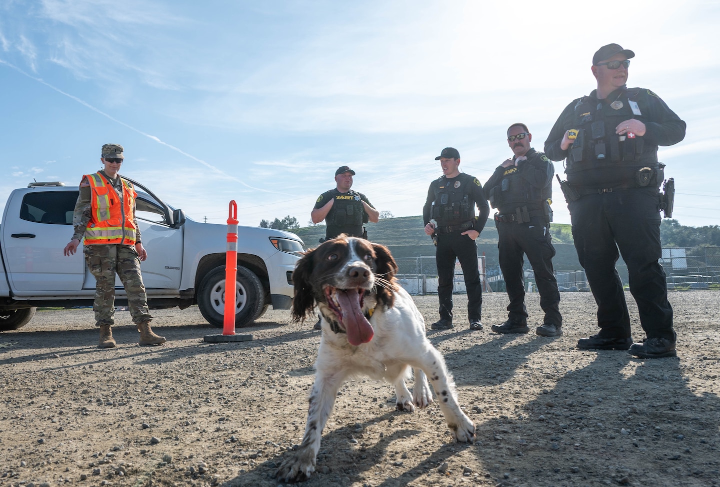 U.S. Army 1st Lieutenant, Gabby Faltin, visits with Sacramento County Sheriff’s and their K-9 officers on site in Folsom, California on Jan. 29, 2026. Faltin serves as an Army engineer officer assigned to the U.S. Army Corps of Engineers Sacramento District, where she applies her civil engineering background to manage projects supporting civil works initiatives. (U.S. Army photo by Bertha Smith, U.S. Army Corps of Engineers Sacramento District Public Affairs)