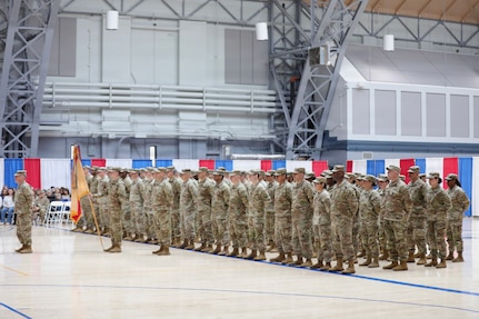 Soldiers of the 143rd Regional Support Group stand in formation during a sendoff ceremony for the unit at the Gov. William A. O'Neill Armory in Hartford, Connecticut, Feb. 21, 2026.