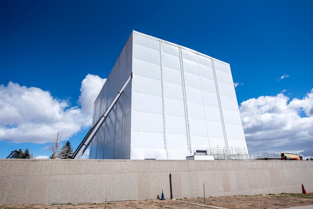 U.S. AIR FORCE ACADEMY, Colo. – The Cadet Chapel is hidden under an external 150-foot tall white environmental shelter as repair and restoration work continues on April 5, 2022 at the U.S. Air Force Academy in Colorado Springs, Colo. The chapel closed in early September 2019 to allow for necessary repairs and restoration. (U.S. Air Force photo/Trevor Cokley)