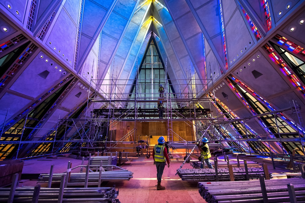U.S. AIR FORCE ACADEMY, Colo. – Crews erect scaffolding around the interior of the Cadet Chapel on June 10, 2020 at the U.S. Air Force Academy in Colorado Springs, CO. The chapel closed in early September 2019 to allow for necessary repairs and is estimated to be completed in 2023. (U.S. Air Force photo/Trevor Cokley)