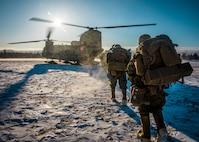 Marines prepare to board a U.S. Army CH-47 Chinook, prior to a raid on a long range radar site, at Fort Greely, Alaska, Feb. 27, 2020, during U.S. Northern Command exercise Arctic Edge 2020. AE20 is the largest joint exercise scheduled in Alaska this year. Approximately 1,000 U.S. military personnel will participate in the multi-service exercise. The exercise is conducted under the authority of North American Aerospace Defense Command and NORTHCOM. (U.S. Marine Corps photo by Lance Cpl. Jose Gonzalez)