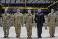 Five of six New York Army National Guard Soldiers who received a French medal in recognition of the aid they offered to French special operations forces in August 2023, stand in formation during an award ceremony in Rochester, New York, Feb. 22, 2026.
