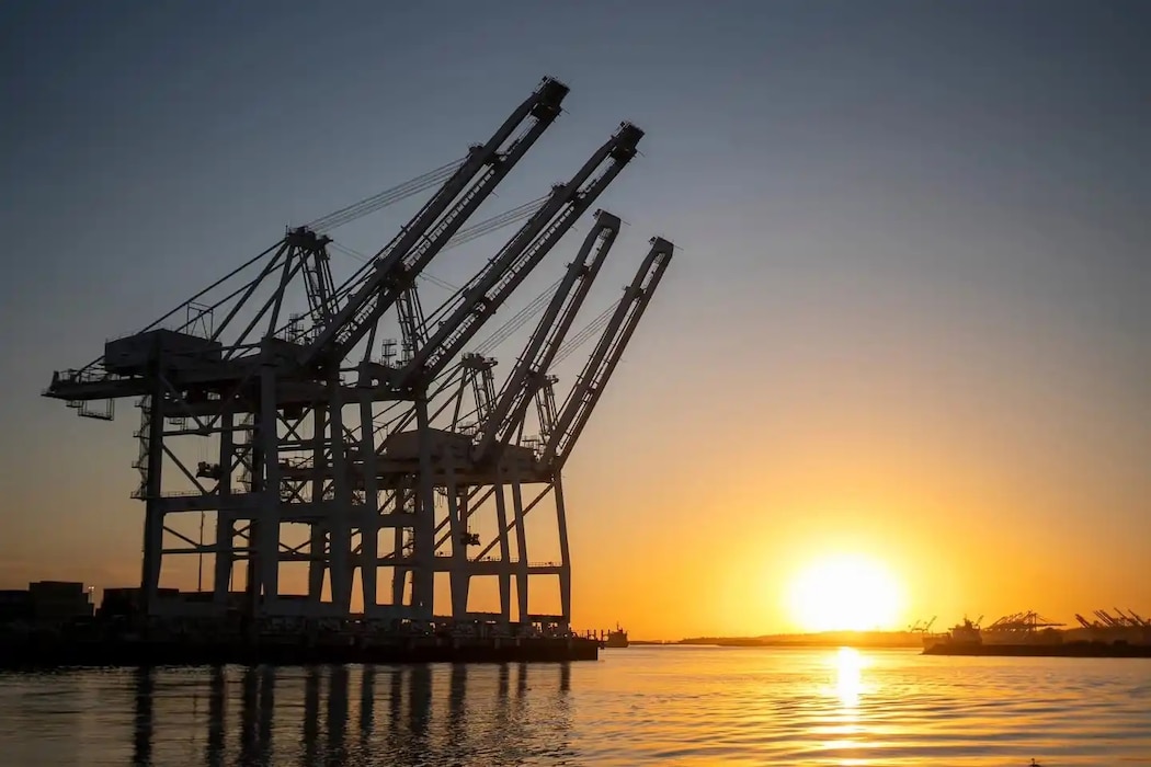 A picture of the Port of Long Beach can be seen at sunset in this Feb. 4 photo. Assistant Secretary of the Army (Civil Works) Adam Telle visited the port Feb. 4 to meet with representatives about the U.S. Army Corps of Engineers Los Angeles District's deep-draft navigation project there.