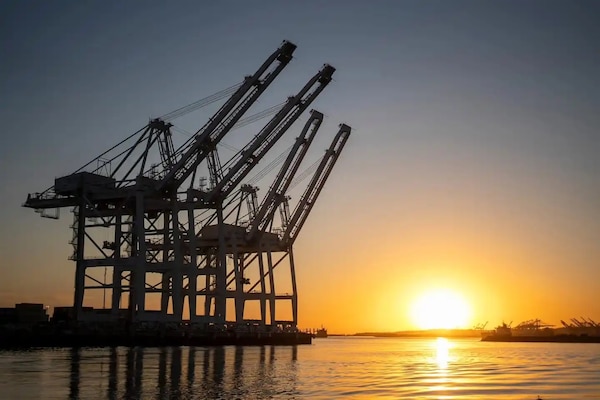 A picture of the Port of Long Beach can be seen at sunset in this Feb. 4 photo. Assistant Secretary of the Army (Civil Works) Adam Telle visited the port Feb. 4 to meet with representatives about the U.S. Army Corps of Engineers Los Angeles District's deep-draft navigation project there.