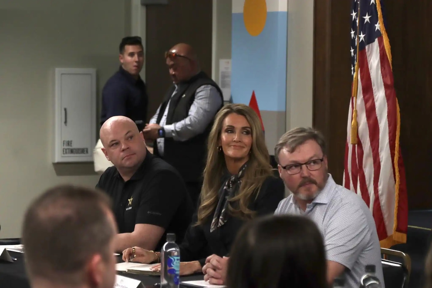 Assistant Secretary of the Army (Civil Works) Adam Telle, left, and Small Business Administration Administrator Kelly Loeffler, second from left, listen to leaders and residents' concerns about rebuilding their community during a Feb. 4, 2026, EPA/SBA meeting in the Pacific Palisades, California. The Pacific Palisades and Altadena communities were devastated during the Los Angeles County wildfires that began Jan. 7, 2025.
