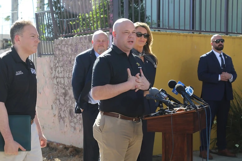 Assistant Secretary of the Army (Civil Works) Adam Telle, center, speaks to the media during a press conference Feb. 4 in Pacific Palisades, California. Also pictured behind Telle, from left to right, are EPA Administrator Lee Zeldin, FEMA Region 9 Administrator Bob Fenton and Small Business Administration Administrator Kelly Loeffler.