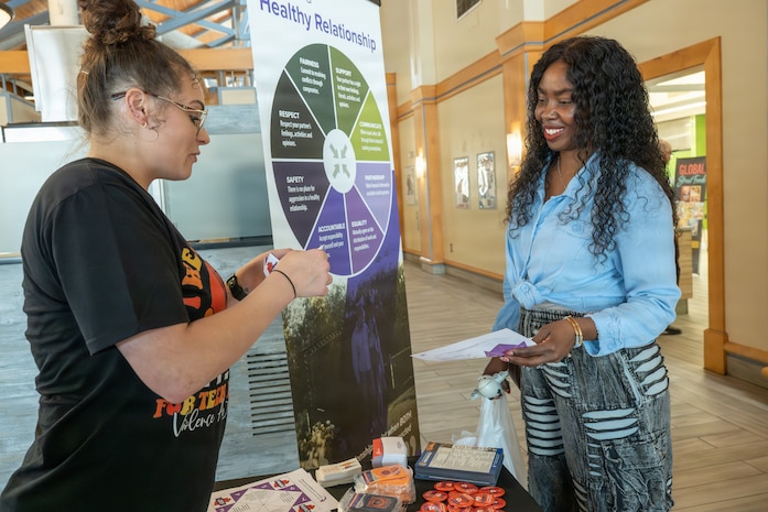Civilians from Joint Base Charleston have a conversation about teenage dating in front of an infographic