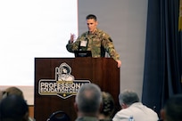 U.S. Air Force Brig. Gen. Travis T. Boltjes, vice director of operations, National Guard Bureau Joint Staff, speaks to attendees of the 2026 National Guard Domestic Operations Conference at Camp Joseph T. Robinson, Arkansas, Feb. 10, 2026.