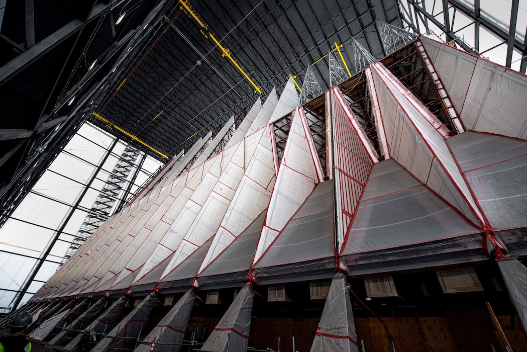 U.S. AIR FORCE ACADEMY, Colo. – The Cadet Chapel seen under an external 150-foot tall white environmental shelter as repair and restoration work continues on April 5, 2022 at the U.S. Air Force Academy in Colorado Springs, Colo. The chapel closed in early September 2019 to allow for necessary repairs and restoration. (U.S. Air Force photo/Trevor Cokley)