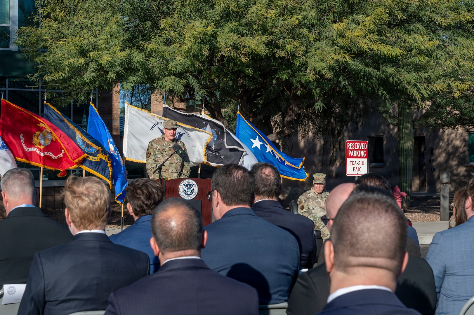 Brig. Gen. Maurizio Calabrese, Director of the Joint Interagency Task Force–Counter Cartel and Commander, Joint Intelligence Task Force–Southern Border, provides closing remarks after the Joint Interagency Task Force-Counter Cartel ribbon-cutting ceremony Tucson, Arizona, Jan. 15, 2026. The organization was established to coordinate Department of War, Department of Homeland Security, Department of Justice, and Intelligence Community efforts focused on cartel operations along the U.S.–Mexico border. (U.S. Air Force photo by Senior Airman Jhade Herrera)