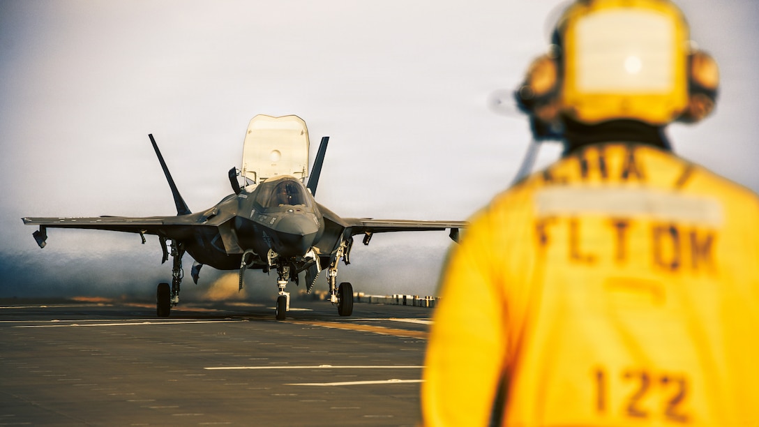 A U.S. Marine Corps F-35B Lightning II assigned to Marine Fighter Attack Squadron (VMFA) 121, 31st Marine Expeditionary Unit, prepares to take off during flight operations in the Philippine Sea, Feb. 14-15, 2026.
