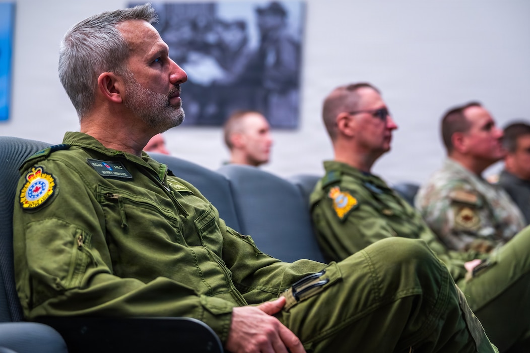 Royal Canadian Air Force Col. Barry Leonard, Canadian forces air and space attaché, attends a wing mission brief during a base visit, Feb. 18, 2026, at Luke Air Force Base, Arizona.