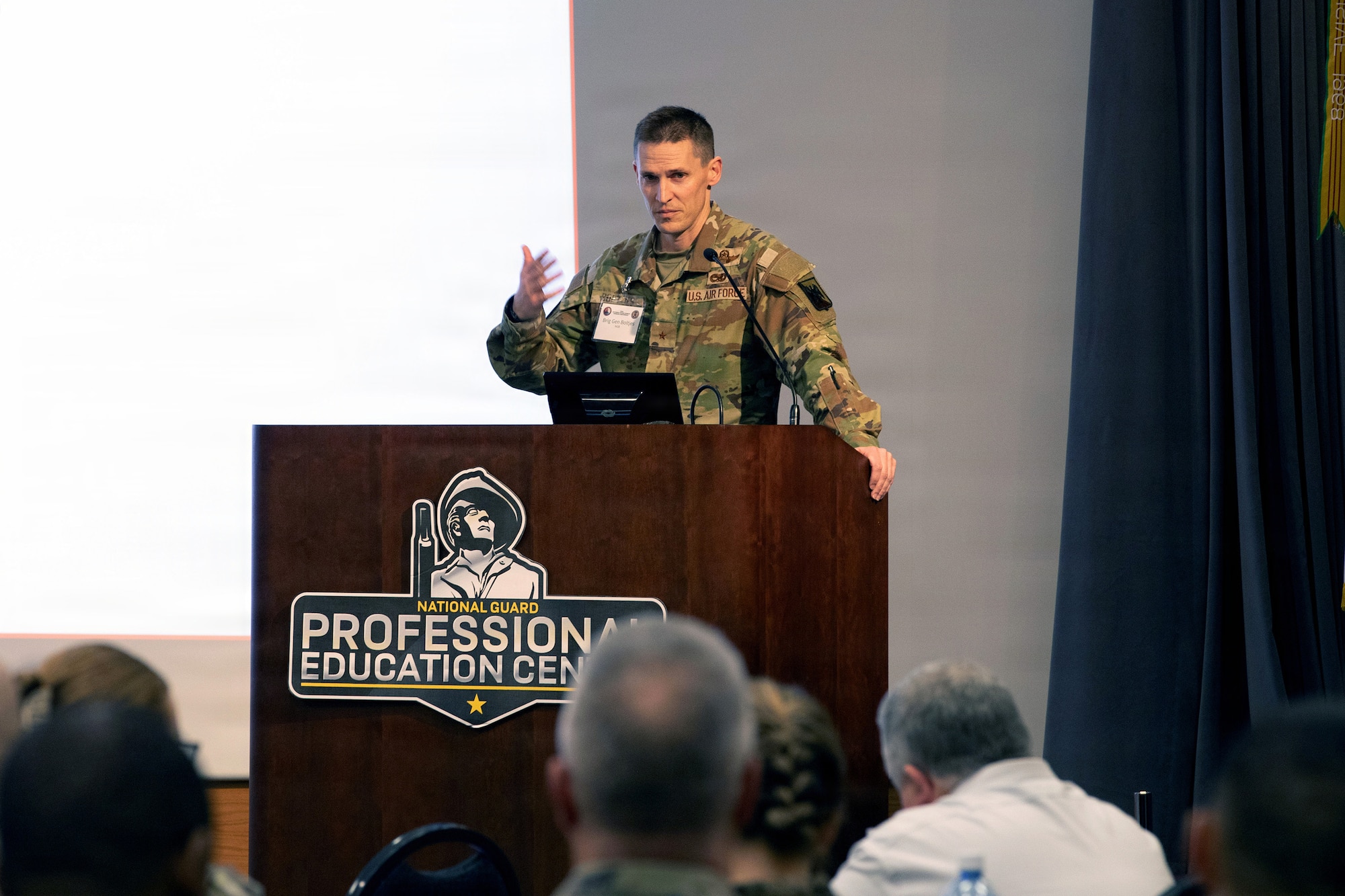 U.S. Air Force Brig. Gen. Travis T. Boltjes, vice director of operations, National Guard Bureau Joint Staff, speaks to attendees of the 2026 National Guard Domestic Operations Conference at Camp Joseph T. Robinson, Arkansas, Feb. 10, 2026.