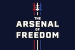 A dark blue background with the words, "The Arsenal of Freedom," centered and three aircraft vertically in the middle: one red, one white, one blue and two tiny white stars separating the aircraft.