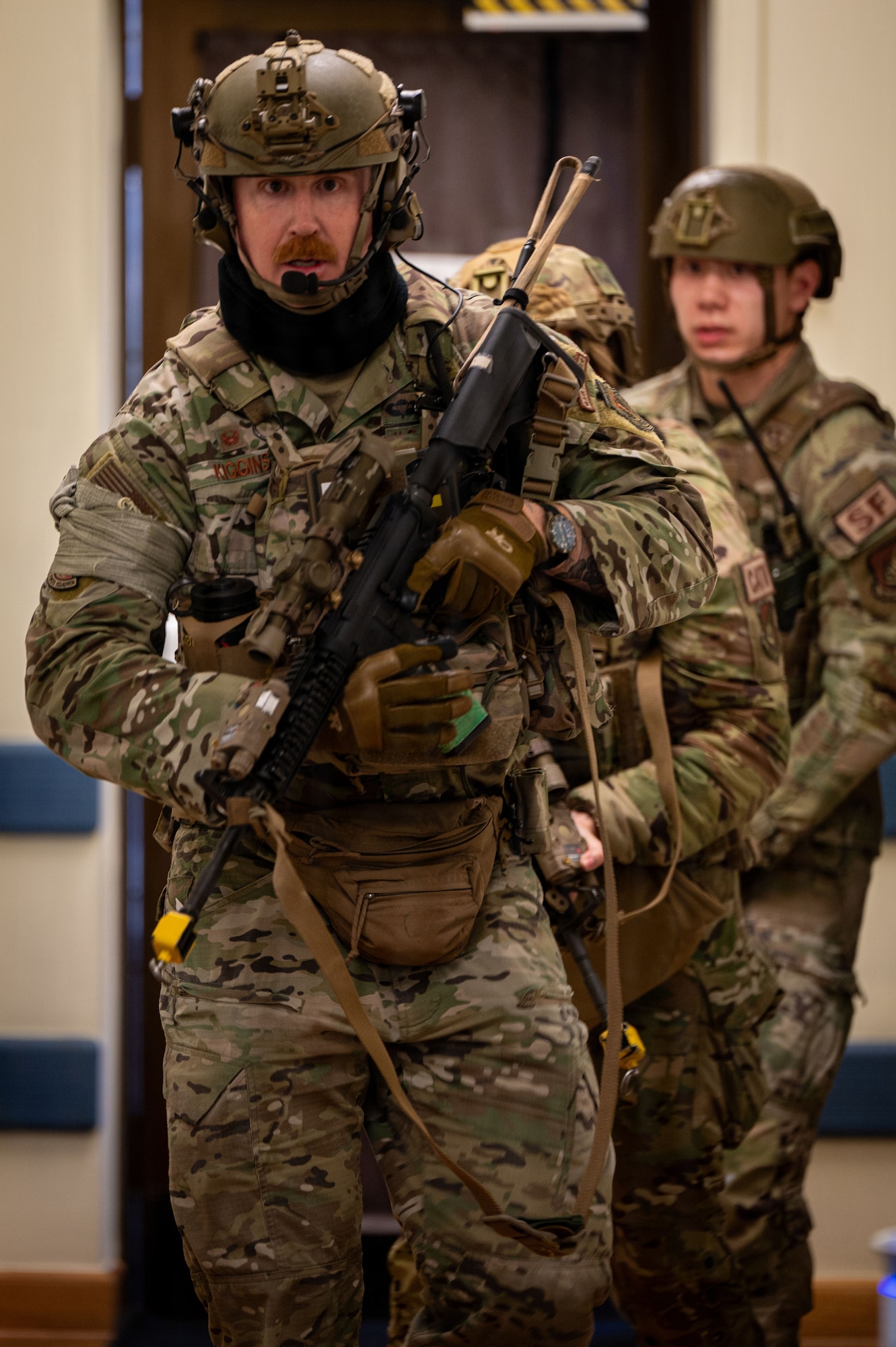 Defender clears room.