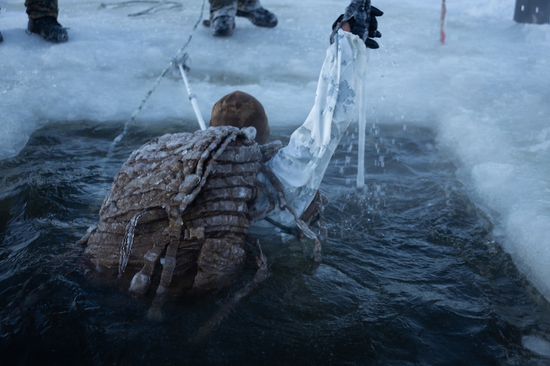 U.S. Marine Corps Lance Cpl. Erlyse Alcantaramendrano, an administrative specialist with 2nd Battalion, 6th Marine Regiment, 2nd Marine Division, egresses from a polar plunge as part of cold weather survival training during exercise Cold Response 26 in Setermoen, Norway, Feb. 7, 2026. A key component of NATO's enhanced vigilance activity Arctic Sentry, exercise Cold Response 26 is a Norwegian-led winter military exercise designed to enhance collective defense capabilities and ensure U.S. readiness to rapidly deploy and seamlessly operate alongside NATO Allies in challenging arctic conditions. (U.S. Marine Corps photo by Cpl. Xavier Alicea)