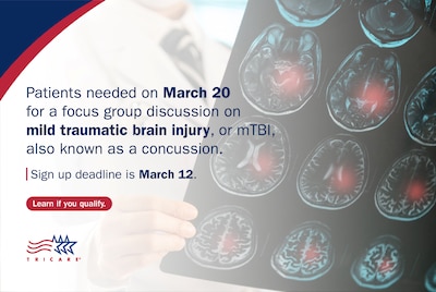 "Patients needed on March 20 for a focus group discussion on mild traumatic brain injury, or mTBI, also known as a concussion; Sign up deadline is March 12;" Doctor holds up brain scans.