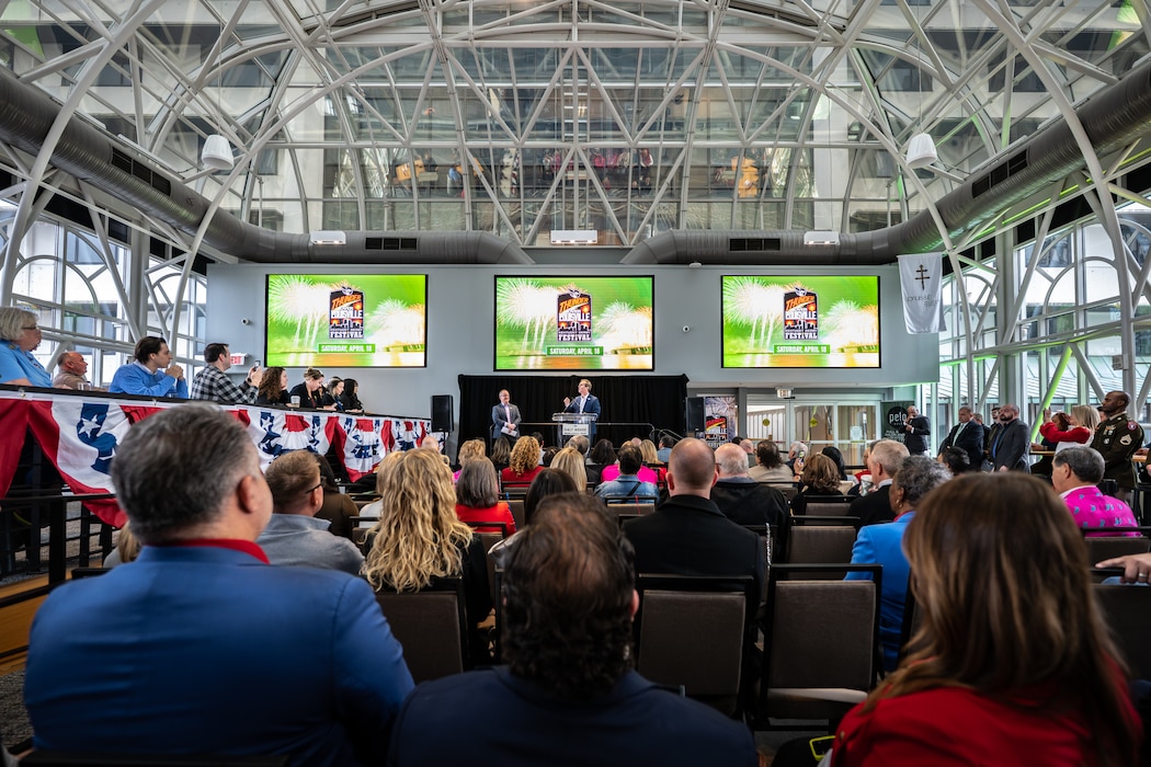 Officials announce the return of the Thunder Over Louisville air show and fireworks display to the banks of the Ohio River during a press conference in Louisville, Ky., Feb. 23, 2025. Historic flooding caused the cancelation of last year’s event, which typically draws more than 100,000 spectators. The 2026 show is slated for April 18. (U.S. Air National Guard photo by Dale Greer)