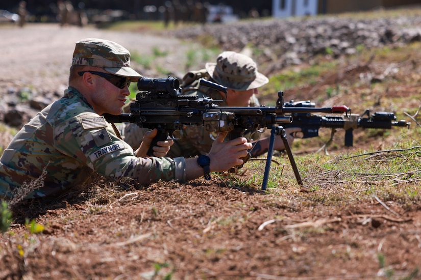 Two men wearing camouflage military uniforms point weapons at something outside of the photo frame while lying on the ground in the prone position.