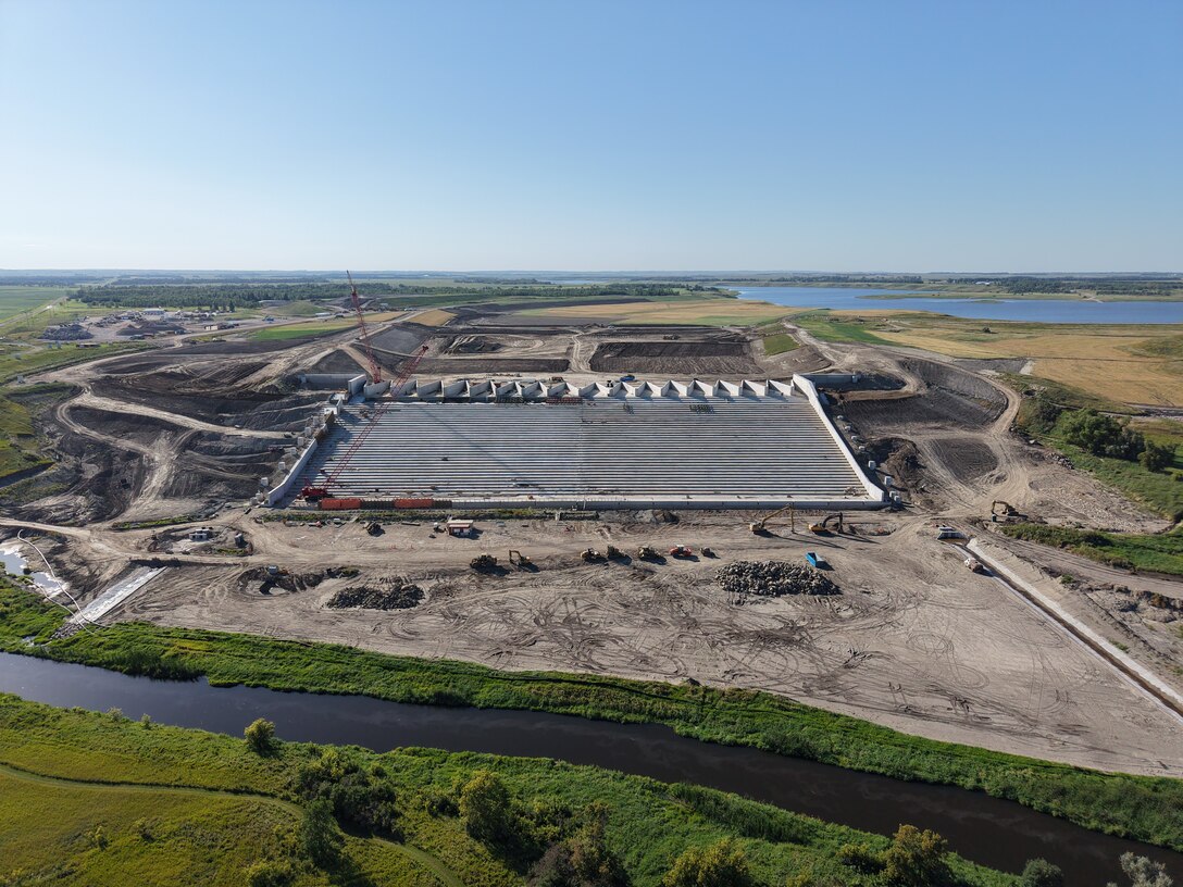 An aerial photo of the terminal structure for the Pipestem Dam Spillway in Jamestown, North Dakota, from Aug. 26, 20255, currently under construction by U.S. Army Corps of Engineers contractors.