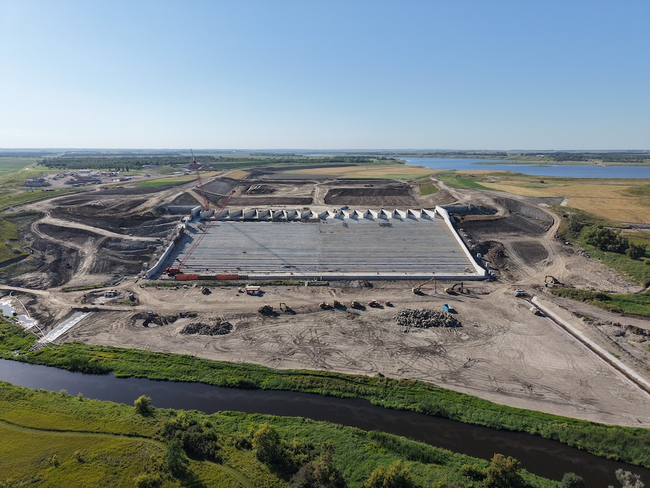 An aerial photo of the terminal structure for the Pipestem Dam Spillway in Jamestown, North Dakota, from Aug. 26, 20255, currently under construction by U.S. Army Corps of Engineers contractors.