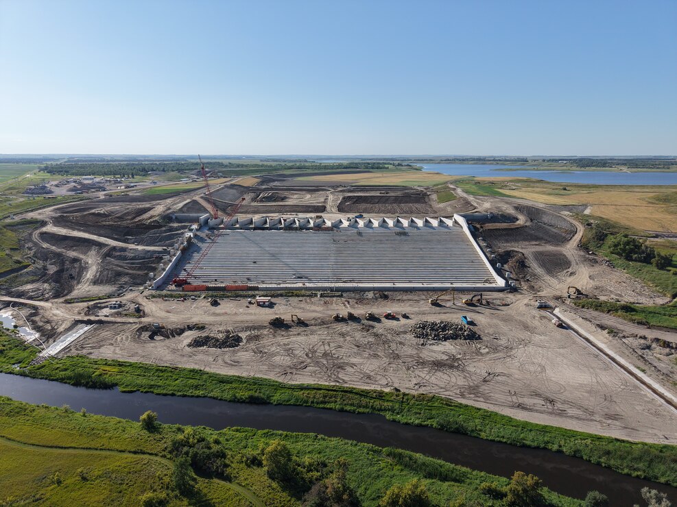 An aerial photo of the terminal structure for the Pipestem Dam Spillway in Jamestown, North Dakota, from Aug. 26, 20255, currently under construction by U.S. Army Corps of Engineers contractors.
