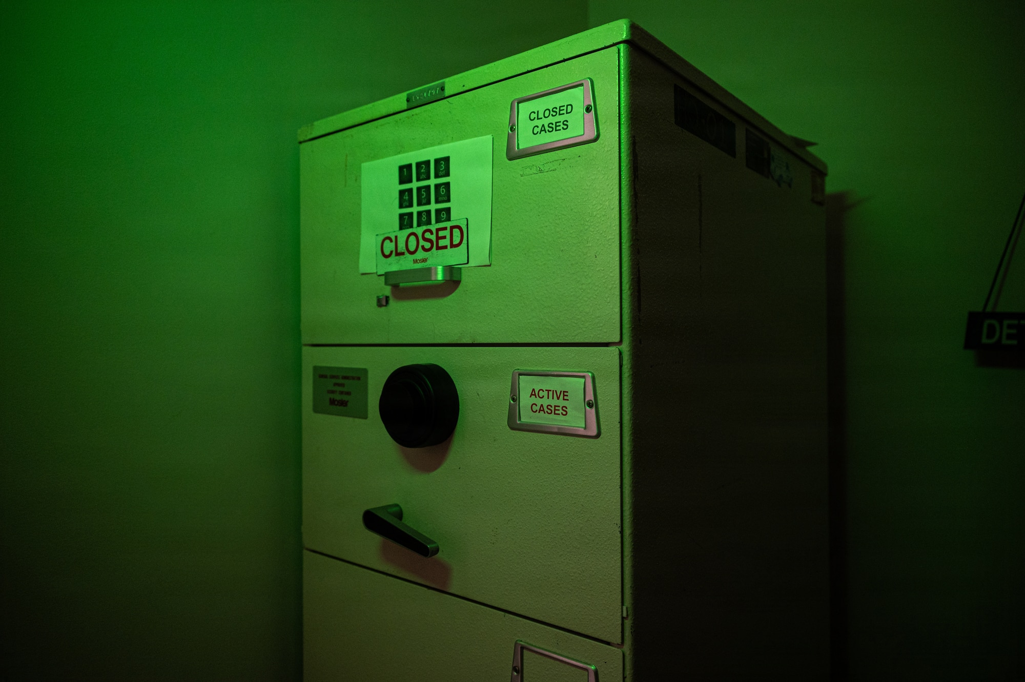 A file cabinet containing investigative case files is photographed at an Air Force Office of Special Investigations facility at Seymour Johnson Air Force Base, North Carolina, Feb. 11, 2026. Air Force Office of Special Investigations personnel safeguard investigative materials while providing commanders with timely and accurate information. (U.S. Air Force photo by Airman 1st Class Holly Leonard)