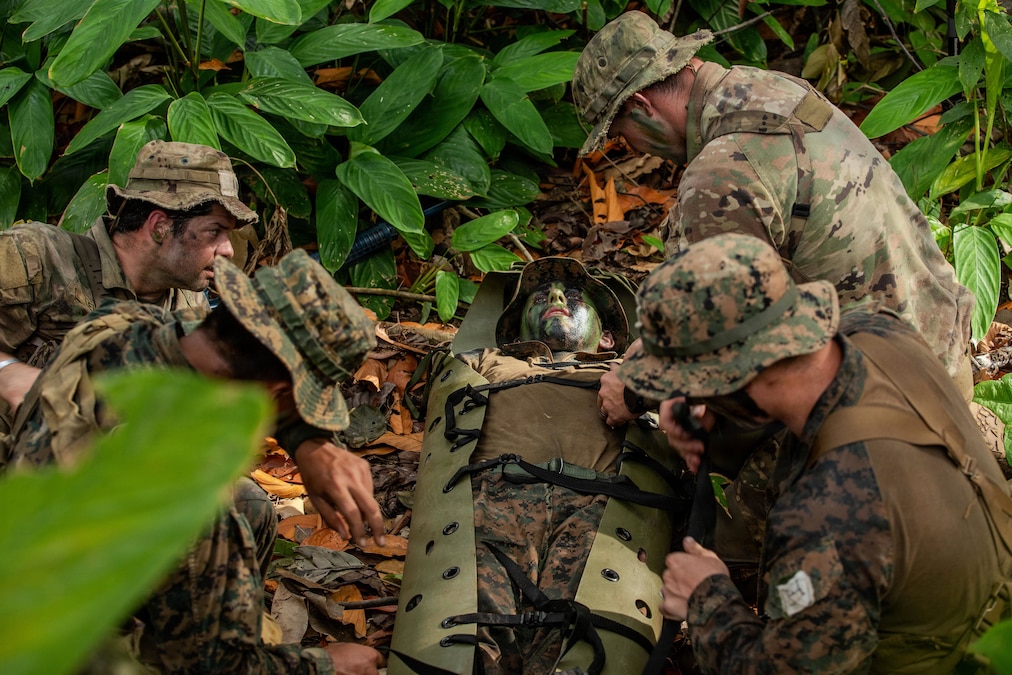 Four people wearing camouflage uniforms and hats assist another person in similar attire lying on a stretcher on the ground in a jungle area, with green plants in the background.