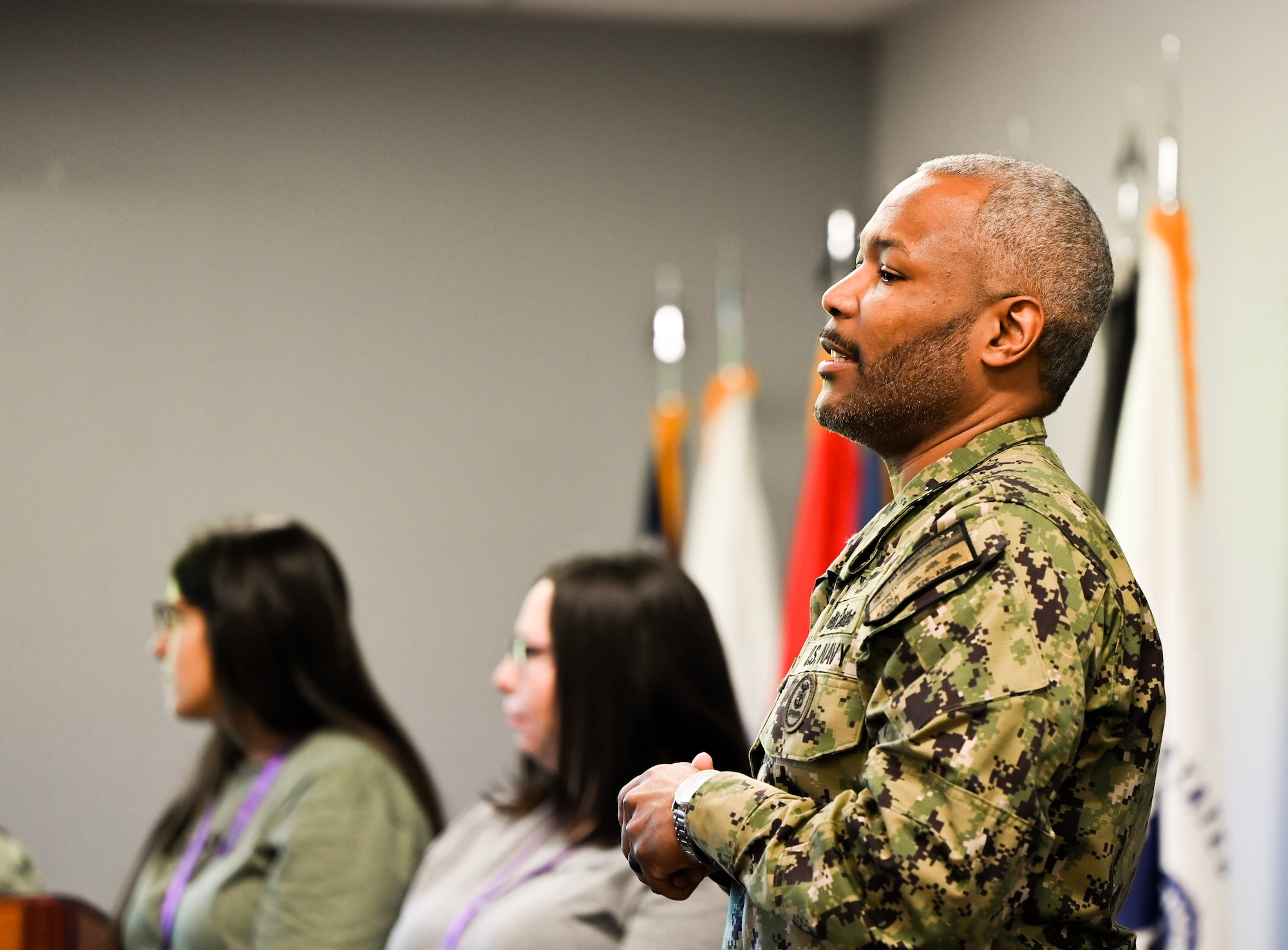 U.S. Navy Command Master Chief Frederick Tuiel, Naval Support Activity command master chief, shares about his Naval service experience with visiting military homeschoolers of the Lowcountry students at Joint Base Charleston.