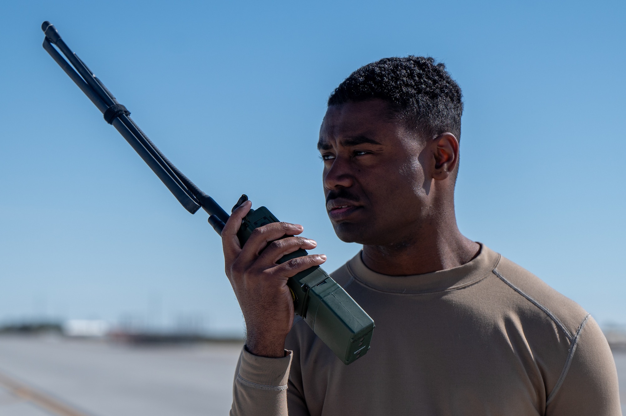 U.S. Air Force Staff Sgt. Melvin Curtis, 95th Fighter Generation Squadron crew chief, completes a post-attack reconnaissance sweep during exercise Bamboo Eagle 26-1.
