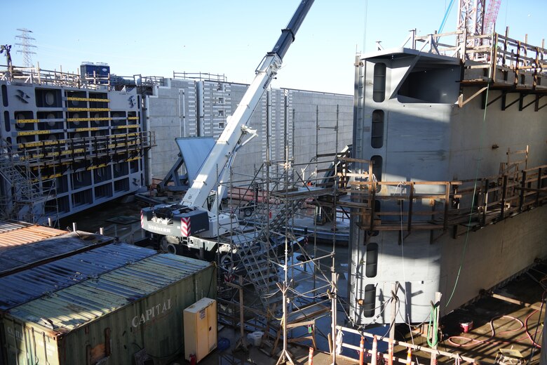 CHATTANOOGA, Tenn. (Feb. 20, 2026) – Massive miter gates are stacked inside the new 110-by-600-foot lock chamber at the U.S. Army Corps of Engineers Nashville District's Chickamauga Lock Replacement Project in Chattanooga, Tennessee, Feb. 20, 2026. Crews are currently in the process of installing and welding the 14 new gates, a critical phase in the construction that will ultimately lead to an 80% increase in navigation efficiency on the Tennessee River.