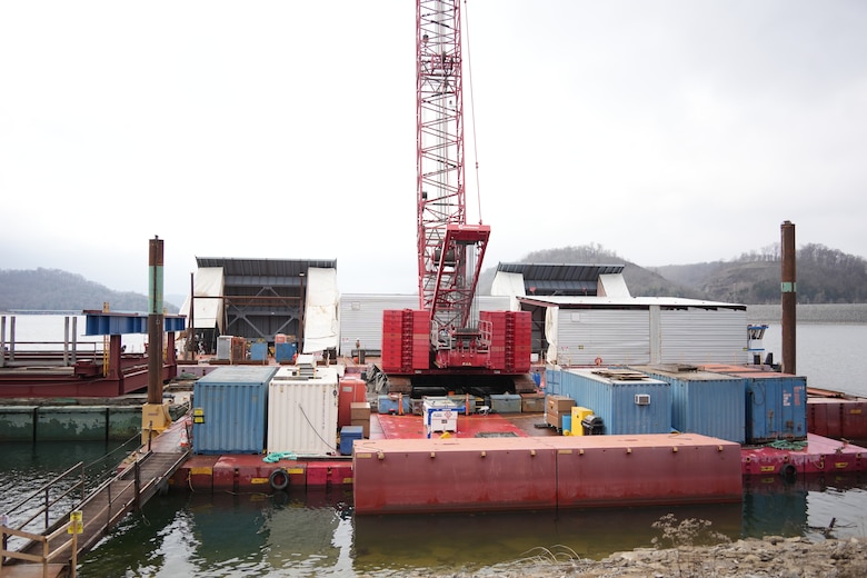 LANCASTER, Tenn. (Feb. 19, 2026) – Contractors from American Bridge Company weld a new spillway gate on a barge at Center Hill Dam in Lancaster, Tennessee, Feb. 19, 2026. The gate is being prepared for installation in June 2026 as part of a U.S. Army Corps of Engineers Nashville District project to replace aging gates at both Center Hill and Wolf Creek dams, upgrading flood risk management infrastructure in the Cumberland River Basin. (USACE Photo by Noe Gonzalez)