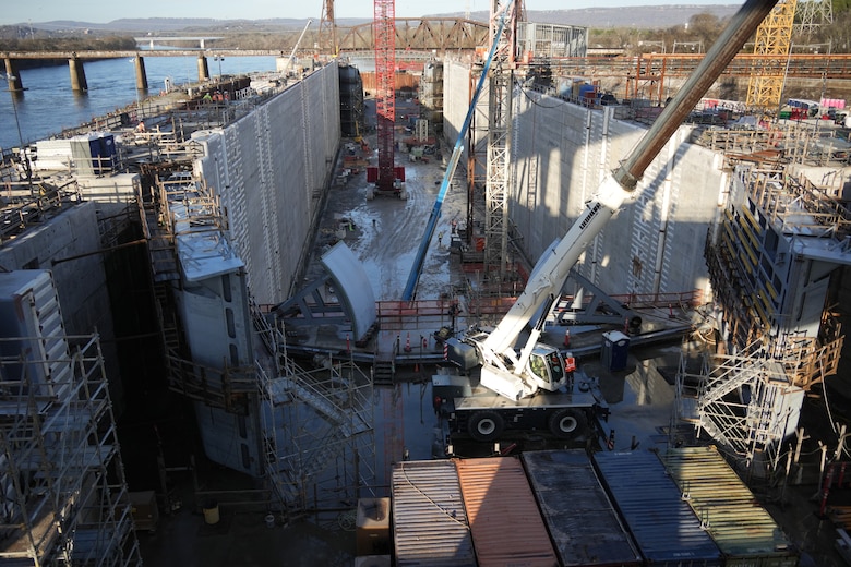 CHATTANOOGA, Tenn. (Feb. 20, 2026) – Construction progresses on the new lock chamber for the U.S. Army Corps of Engineers Nashville District's Chickamauga Lock Replacement Project in Chattanooga, Tennessee, shown Feb. 20, 2026. The chamber is 76 percent complete as part of a multi-contract effort to modernize the waterway. The new 110-by-600-foot lock will allow nine jumbo barges to pass through at once, a significant increase from the current single-barge capacity.