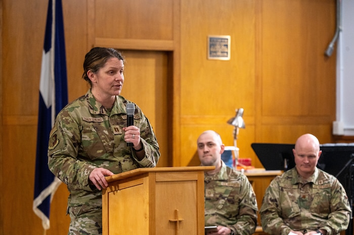 U.S. Air Force Capt. Angela Fahey-Lenling, 673d Air Base Wing chaplain, speaks at a prayer service honoring the Four Chaplains at the Arctic Warrior Chapel on Joint Base Elmendorf-Richardson, Alaska, Feb. 3, 2026. On February 3rd, 1943, four U.S. Army chaplains gave their lives to save others when their ship, U.S. Army Transport Dorchester, was sunk by a German torpedo. (U.S. Air Force photo by Airman 1st Class Theodore Gowdy)