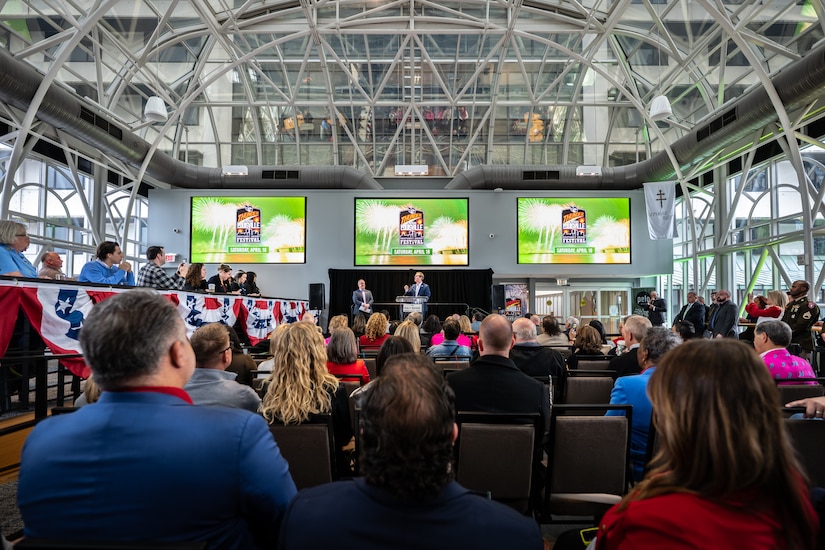 Officials announce the return of the Thunder Over Louisville air show and fireworks display to the banks of the Ohio River during a press conference in Louisville, Ky., Feb. 23, 2025. Historic flooding caused the cancelation of last year’s event, which typically draws more than 100,000 spectators. The 2026 show is slated for April 18. (U.S. Air National Guard photo by Dale Greer)