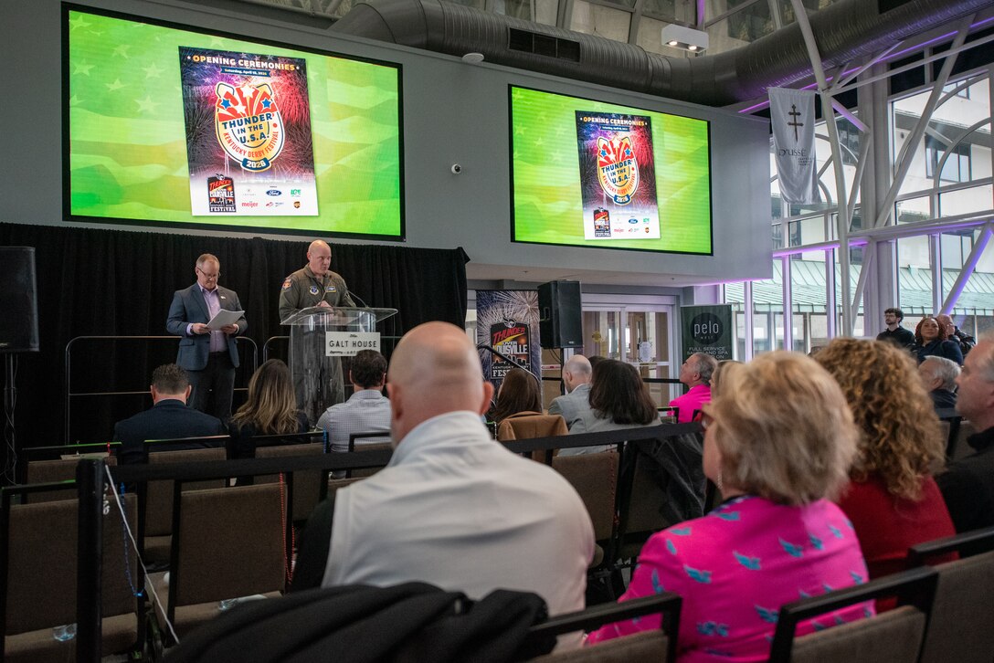 Lt. Col. Josh Ketterer, commander of the Kentucky Air National Guard’s 123rd Operations Group, discusses scheduled highlights for this year’s Thunder Over Louisville air show during a press conference held in Louisville, Ky., Feb. 23, 2026. The Kentucky Air Guard’s 165th Airlift Squadron and 123rd Special Tactics Squadron will be performing demos during the show, scheduled for April 18. (U.S. Air National Guard photo by Phil Speck)