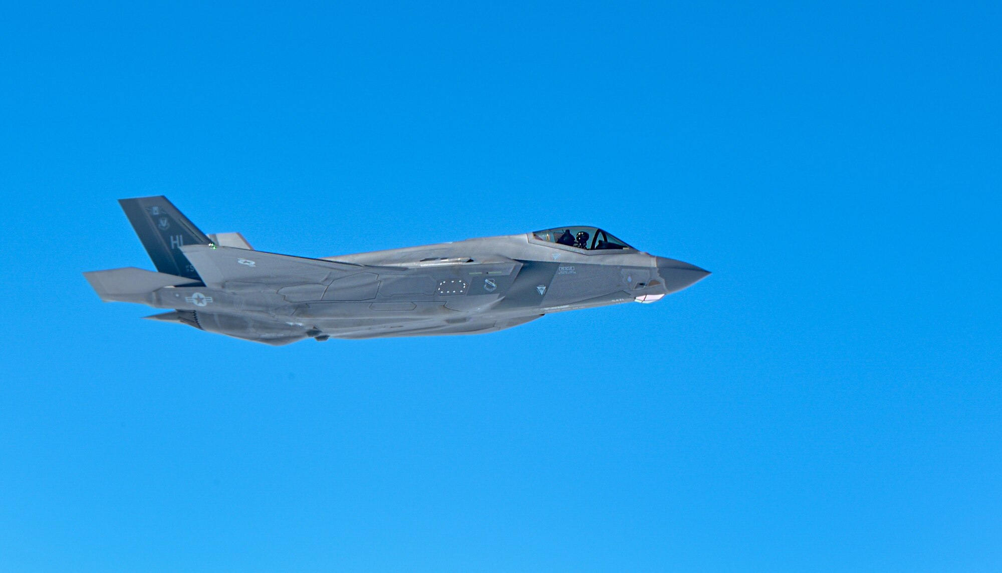 A U.S. Air Force F-35A Lightning II assigned to the 4th Expeditionary Fighter Squadron, deployed to Kadena Air Base, flies over the Pacific Ocean, Feb. 17, 2026.