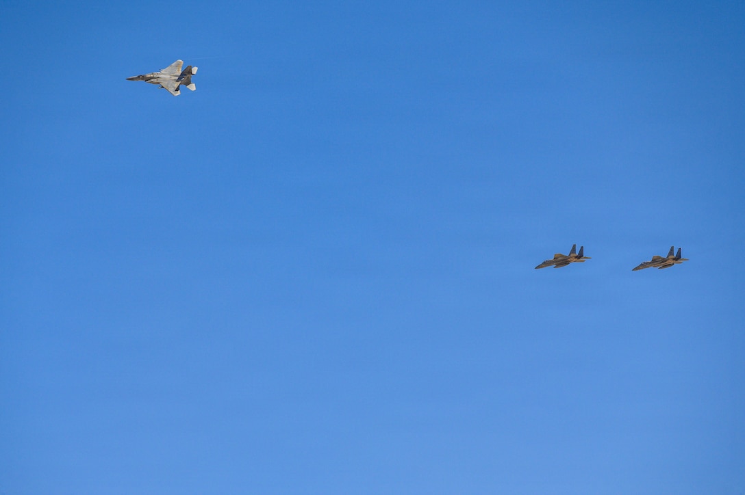 Royal Saudi Air Force F-15 aircraft fly overhead during exercise Spears of Victory at a base in the Middle East, Feb. 5, 2026. Routine, large-scale exercises like Spears of Victory build the touchpoints needed for allied and partner air forces to operate as one cohesive team. (U.S. Air Force photo by Senior Airman Tyler A. P. Moody)