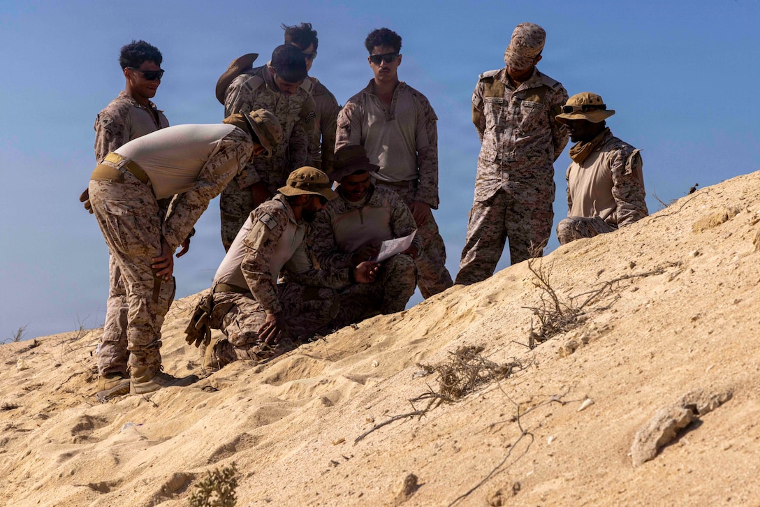 U.S. Marines assigned to Fleet Anti-Terrorism Security Team Central Command and Royal Saudi Naval Forces conduct land and navigation training during exercise Indigo Defender 26, Feb. 4, 2026. Indigo Defender 26 is a capstone bilateral maritime exercise between Royal Saudi Naval Forces and U.S. Naval Forces Central Command to enhance interoperability and strengthen our capacity to maintain regional maritime security and stability. (U.S. Army photo by Staff Sgt. Christopher Stevenson)