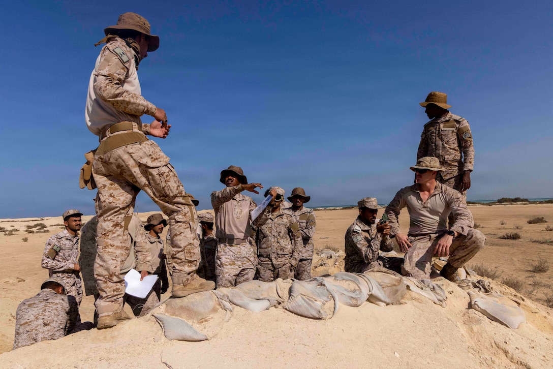 U.S. Marines assigned to Fleet Anti-Terrorism Security Team Central Command and Royal Saudi Naval Forces conduct land and navigation training during exercise Indigo Defender 26, Feb. 4, 2026. Indigo Defender 26 is a capstone bilateral maritime exercise between Royal Saudi Naval Forces and U.S. Naval Forces Central Command to enhance interoperability and strengthen our capacity to maintain regional maritime security and stability. (U.S. Army photo by Staff Sgt. Christopher Stevenson)