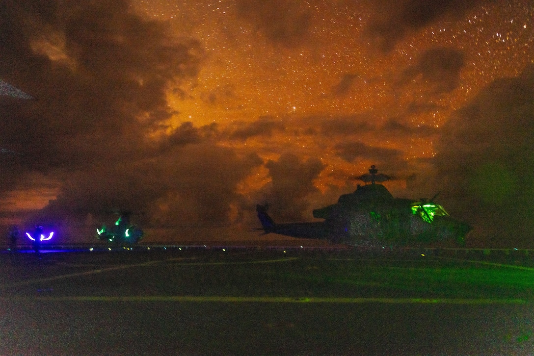 A U.S. Marine Corps UH-1Y Venom helicopter with Marine Medium Tiltrotor Squadron (VMM) 263 (Reinforced), 22nd Marine Expeditionary Unit (Special Operations Capable), prepares for flight operations aboard San Antonio-class amphibious transport USS Fort Lauderdale (LPD 28) while underway in the Caribbean Sea, Feb. 18, 2026. U.S. military forces are deployed to the Caribbean in support of the U.S. Southern Command mission, Department of War-directed operations, and the president's priorities to disrupt illicit drug trafficking and protect the homeland. (U.S. Marine Corps photo)