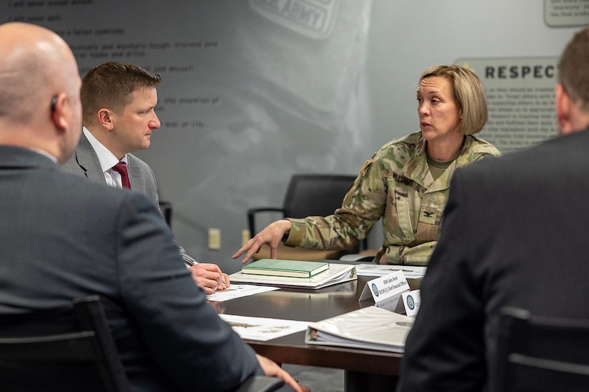 Col. Michelle M. Williams, U.S. Army Financial Management Command commander, center right, briefs Jules W. Hurst III, senior official performing the duties of the Under Secretary of War (Comptroller) and chief financial officer, center left, as Art Miller, Deputy Comptroller for OUSW(C) Budget and Appropriations Affairs, and Ryan A. Busby, Deputy Assistant Secretary of the Army for Financial Operations and Information, during a meeting at the Maj. Gen. Emmett J. Bean Federal Center in Indianapolis Feb. 23, 2026. During the meeting, USAFMCOM provided a high-level overview of the two-star command’s mission support to the U.S. Army Materiel Command as well as its direct support to ASA (FM&C), outlining enterprise-level capabilities and authorities across the Army financial management portfolio, including Reserve Component integration. (U.S. Army photo by Mark R. W. Orders-Woempner)